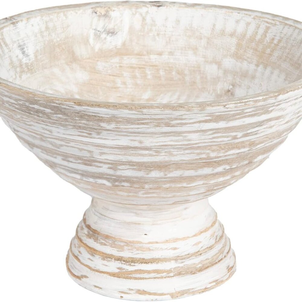 Boho Wood Pedestal Serving Bowl, White Wash Finish
